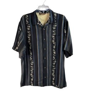 TOMMY BAHAMA Mens Button Up Dress Shirt Bamboo Leaves Striped Silk Linen Sz Med